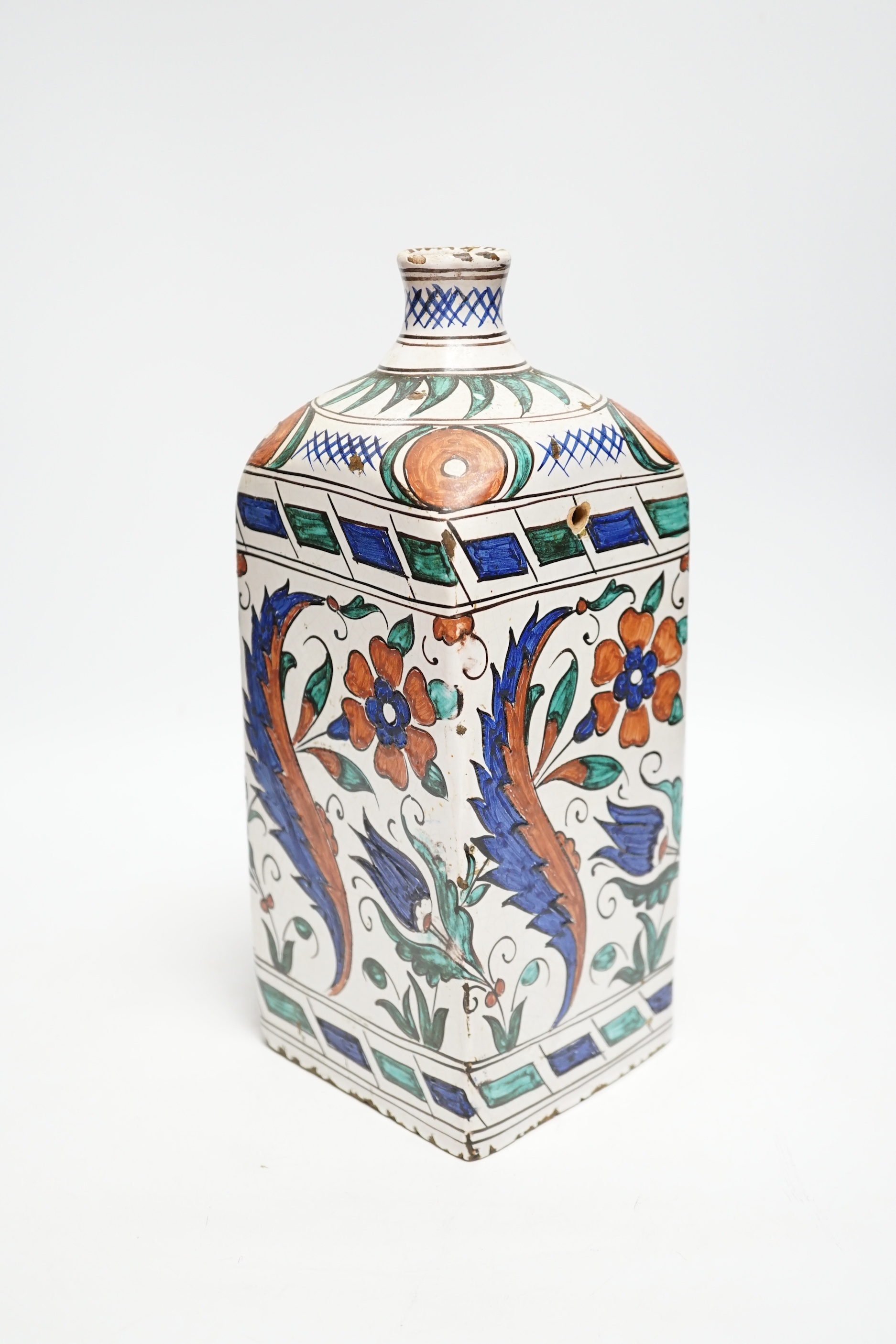 An Iznik style tin glazed flask, 28cm